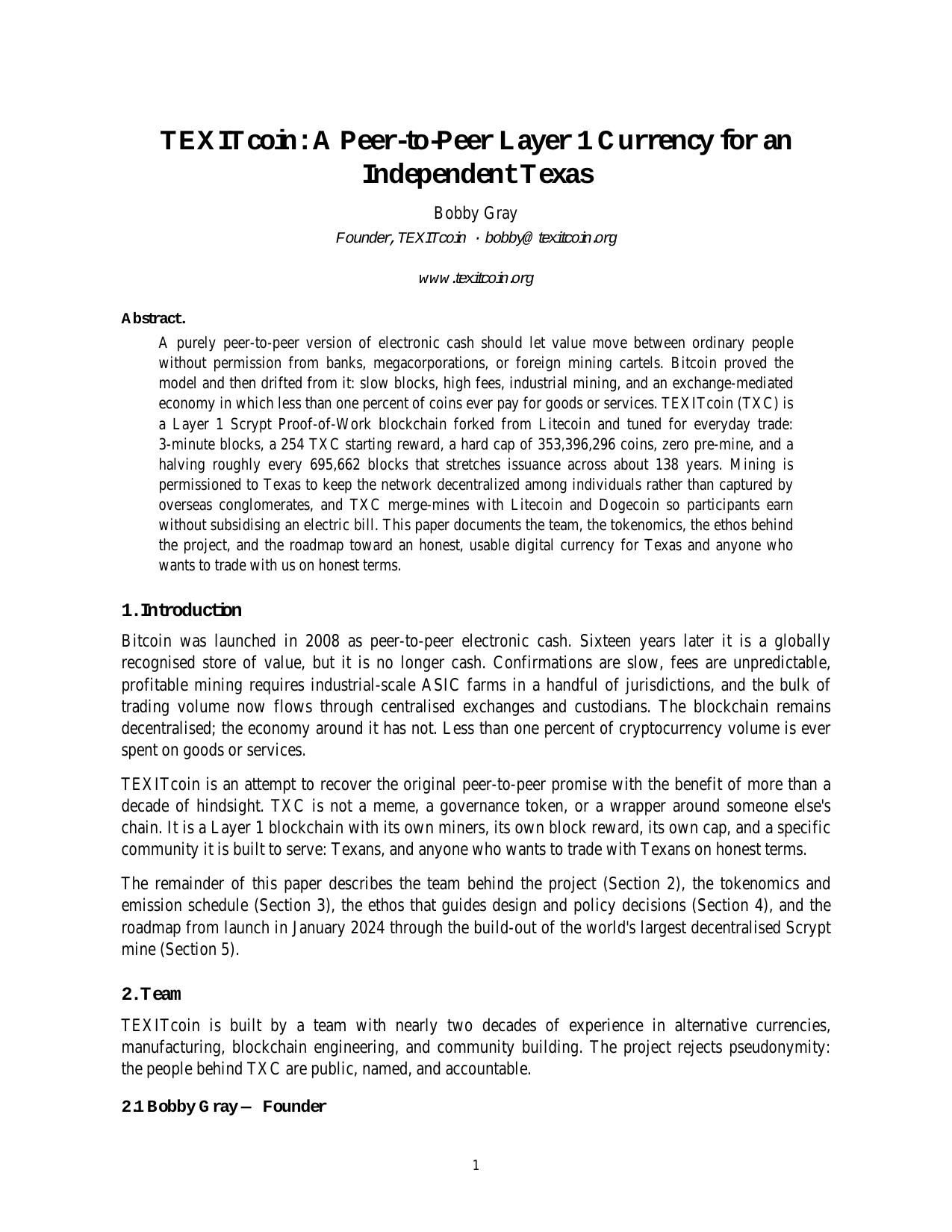 The TEXITcoin Whitepaper — first page preview